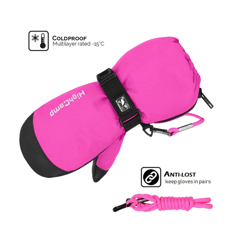 HIGHCAMP Kids Waterproof Snow Ski Gloves w/Zipper & String on Long Cuff Cold Weather Mitten for Toddler & Youth Boys Girls-Rosa,M (6-8Y) - Image 2