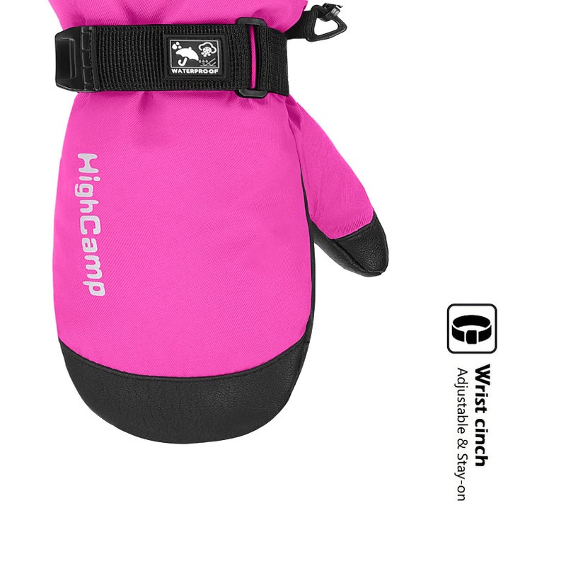 HIGHCAMP Kids Waterproof Snow Ski Gloves w/Zipper & String on Long Cuff Cold Weather Mitten for Toddler & Youth Boys Girls-Rosa,M (6-8Y) - Image 4