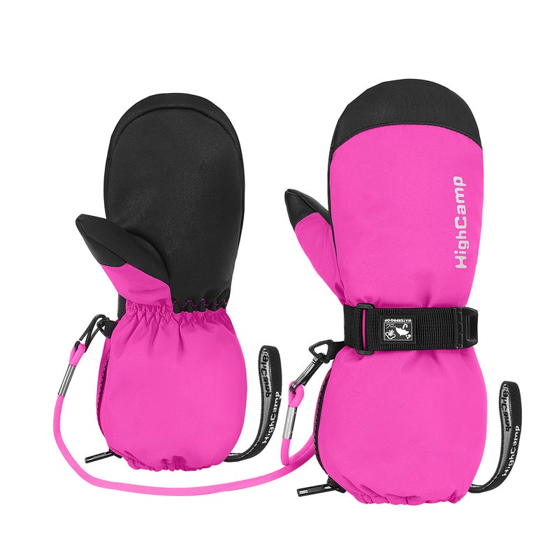 HIGHCAMP Kids Waterproof Snow Ski Gloves w/Zipper & String on Long Cuff Cold Weather Mitten for Toddler & Youth Boys Girls-Rosa,M (6-8Y) - Image 1