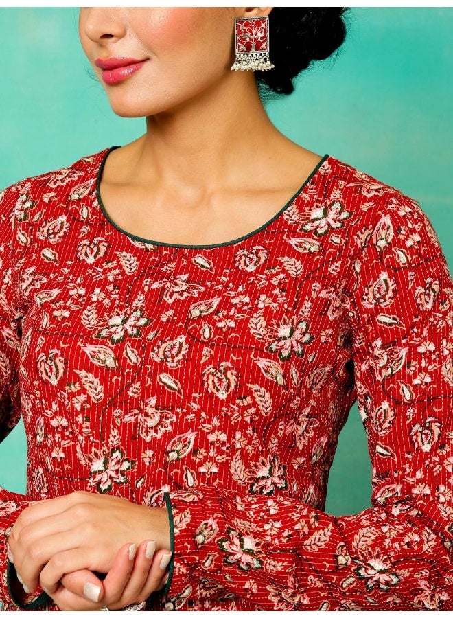 AKS Red Floral Print Kantha Work Kurta  - Image 2