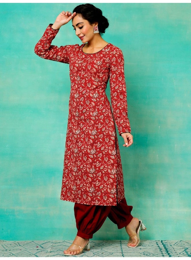 AKS Red Floral Print Kantha Work Kurta  - Image 5