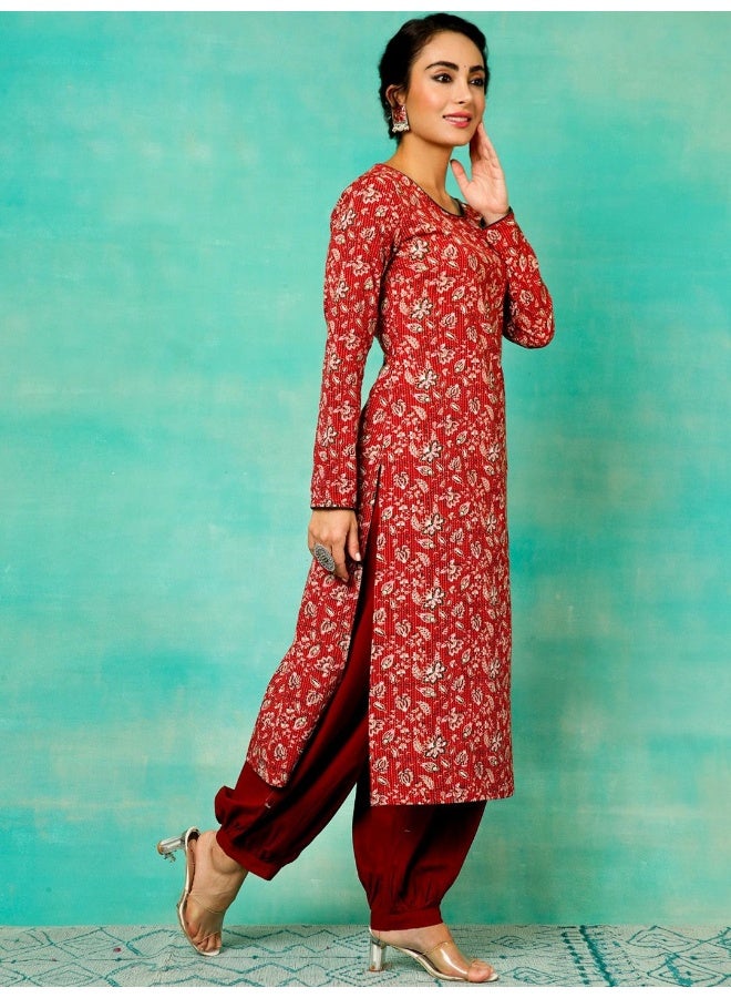 AKS Red Floral Print Kantha Work Kurta  - Image 3