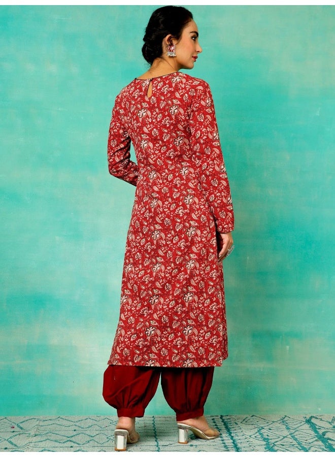AKS Red Floral Print Kantha Work Kurta  - Image 4