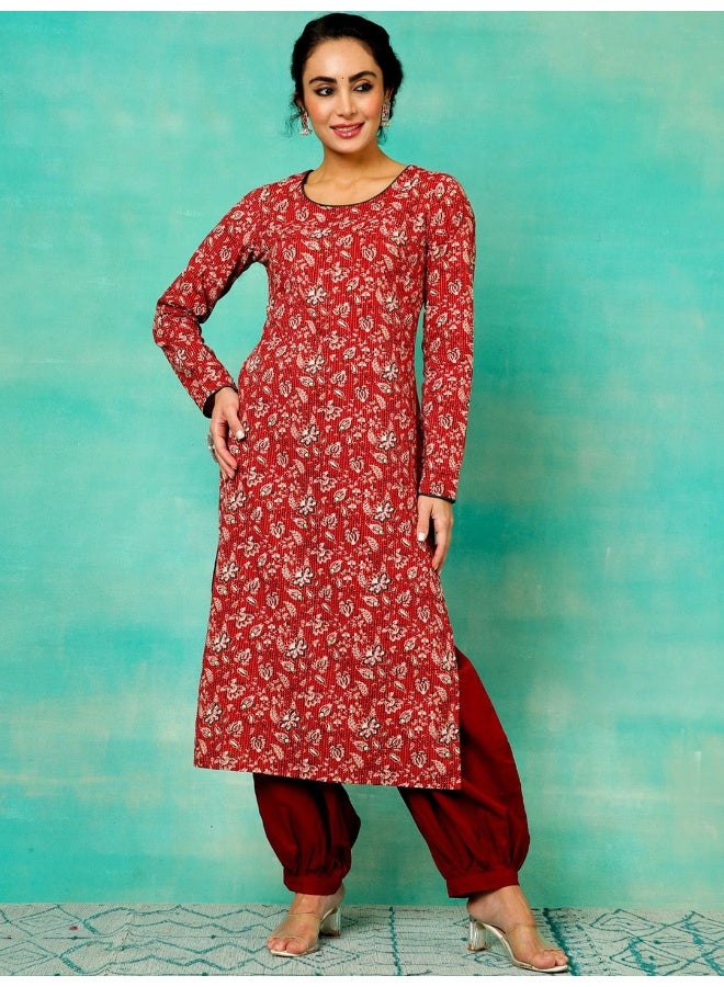 AKS Red Floral Print Kantha Work Kurta  - Image 1