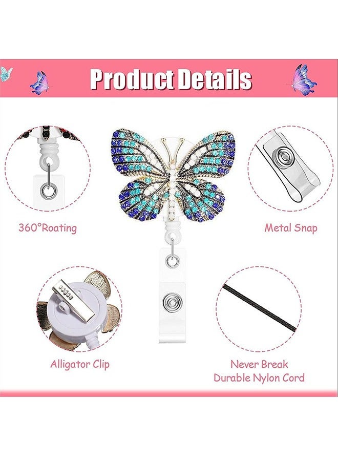 2 Pcs Butterfly Badge Reel Holder, Retractable Nylon Cord Alloy Crystal Butterfly Decoration ID Name Badge Clip, Alligator Clip Badge Reel (Pink+Blue) - Image 3