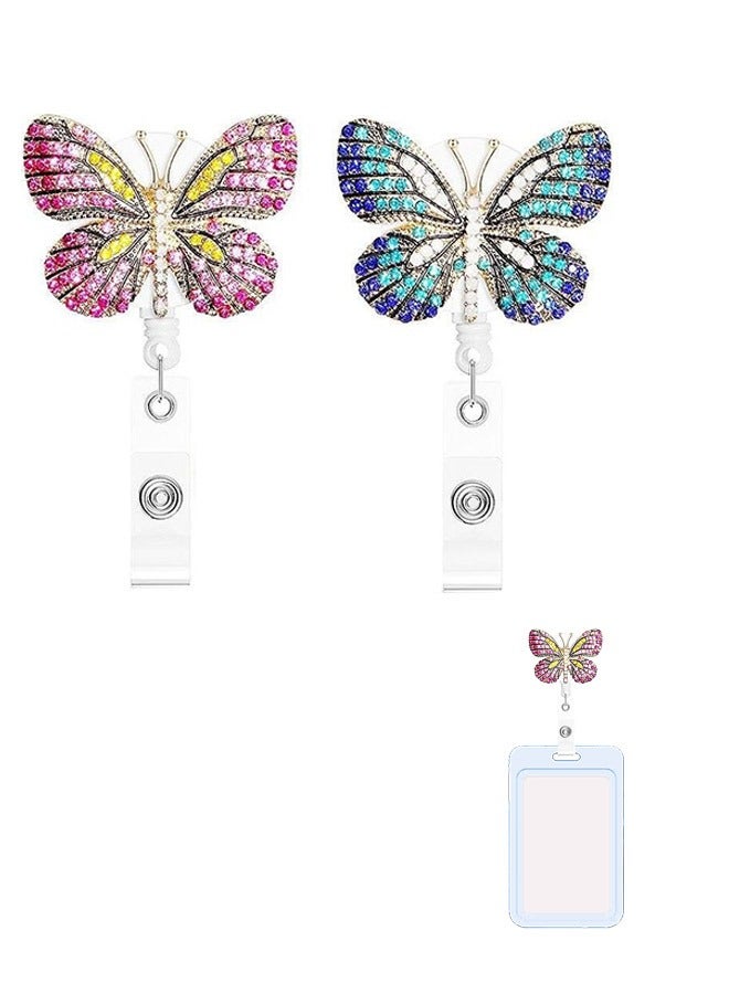 2 Pcs Butterfly Badge Reel Holder, Retractable Nylon Cord Alloy Crystal Butterfly Decoration ID Name Badge Clip, Alligator Clip Badge Reel (Pink+Blue) - Image 1