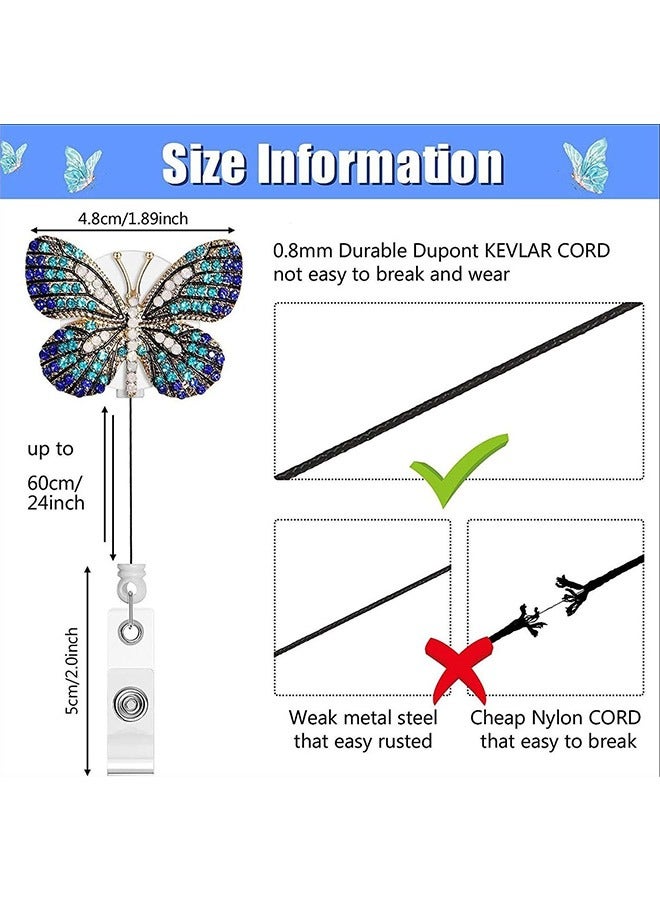 2 Pcs Butterfly Badge Reel Holder, Retractable Nylon Cord Alloy Crystal Butterfly Decoration ID Name Badge Clip, Alligator Clip Badge Reel (Pink+Blue) - Image 2