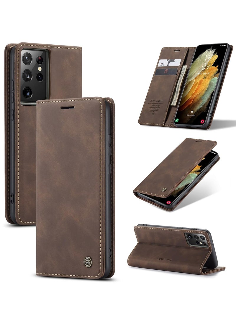 CaseMe Phone Case Luxury PU Leather Design 013 Flip Cover Card Slot Holder Cover For Samsung Galaxy S21 Ultra (Coffe) - Image 1