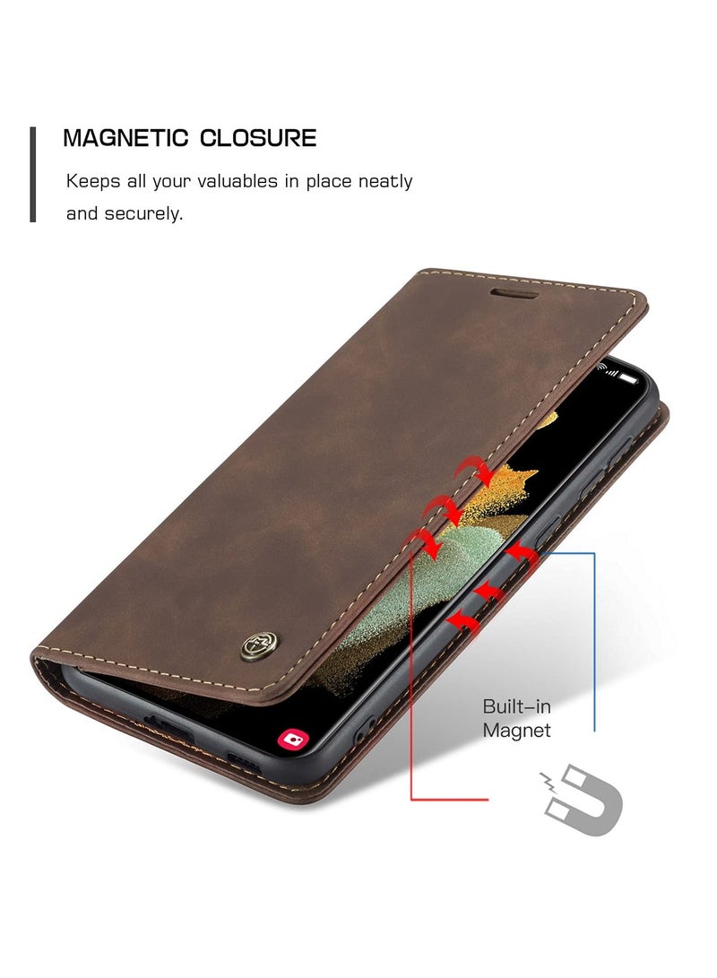 CaseMe Phone Case Luxury PU Leather Design 013 Flip Cover Card Slot Holder Cover For Samsung Galaxy S21 Ultra (Coffe) - Image 3