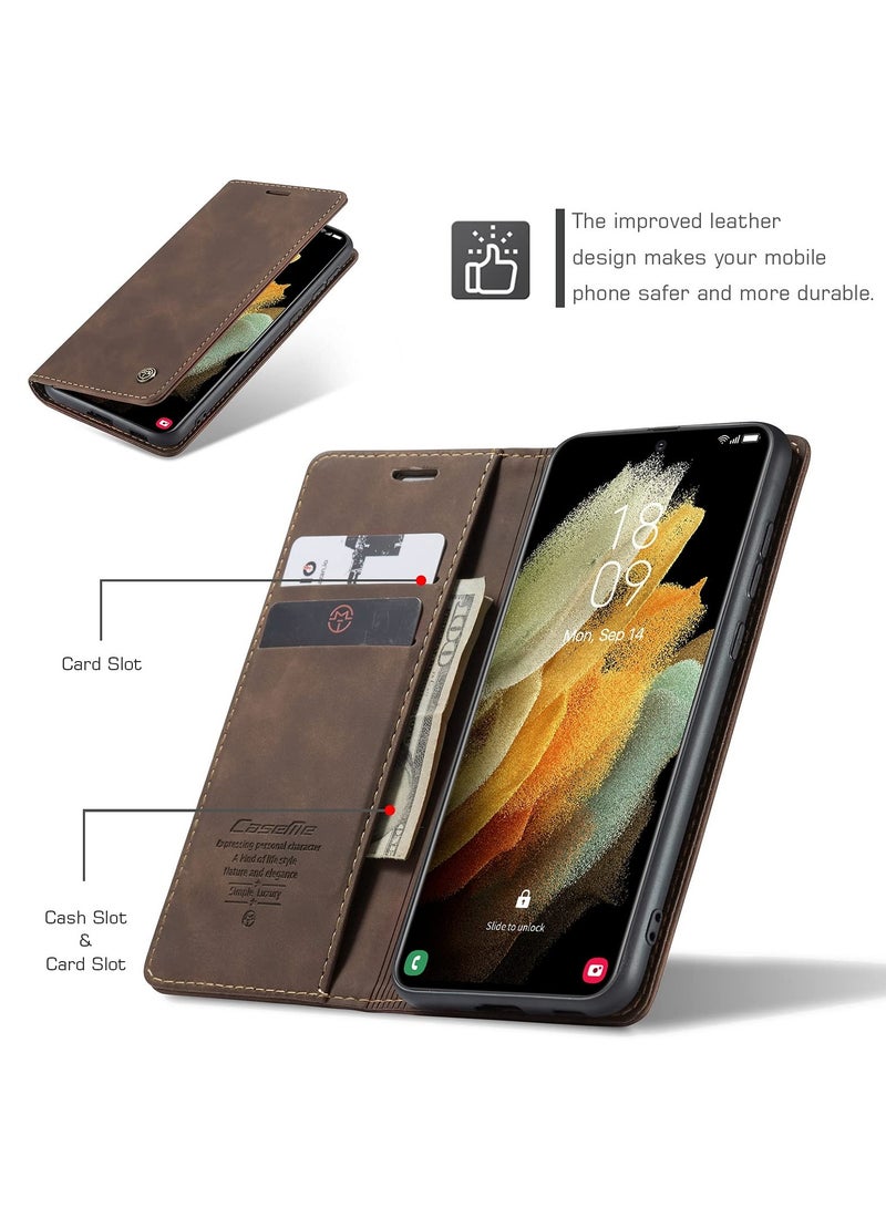 CaseMe Phone Case Luxury PU Leather Design 013 Flip Cover Card Slot Holder Cover For Samsung Galaxy S21 Ultra (Coffe) - Image 4