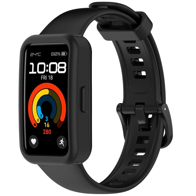 erorex For Huawei Band 10 / 9 / 8 Color Button Watch Case Integrated Silicone Watch Band(Black) - Image 2