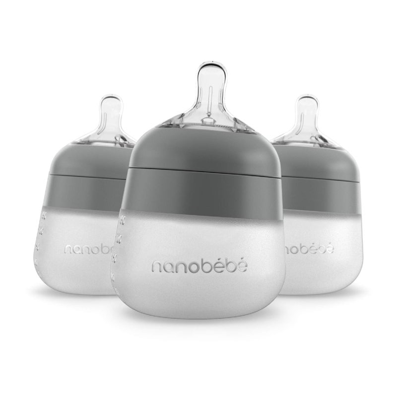 NANOBÃ‰BÃ‰ Nanobebe Flexy Silicone Baby Bottle, Anti-Colic, Natural Feel, Non-Collapsing Nipple, Non-Tip Stable Base, Easy to Clean 3-Pack, Gray, 5 oz - Image 1