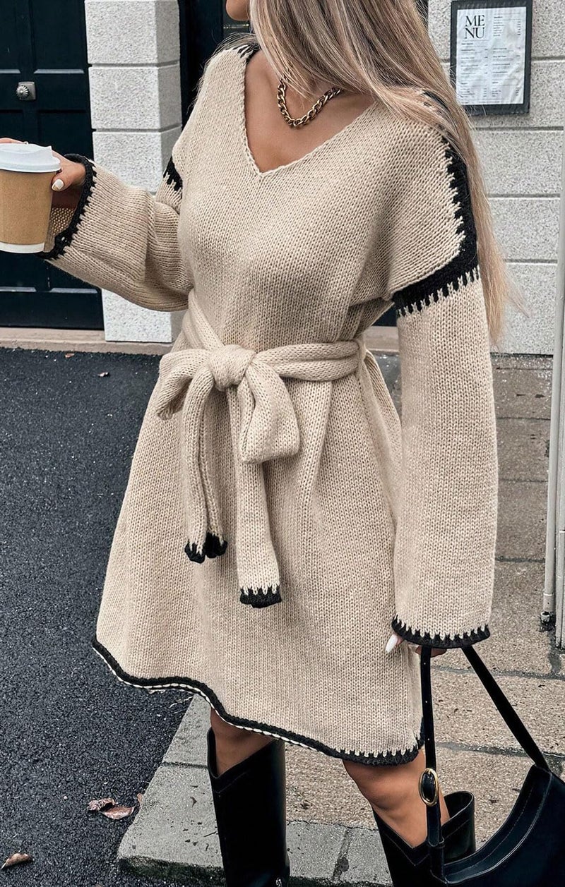 CHARTOU Causal Loose Straight Fit Sweater Dress for Women Fall 2025 Outfit Contrast Jumper Knit Sweater with Belt (Large, Apricot) - Image 2