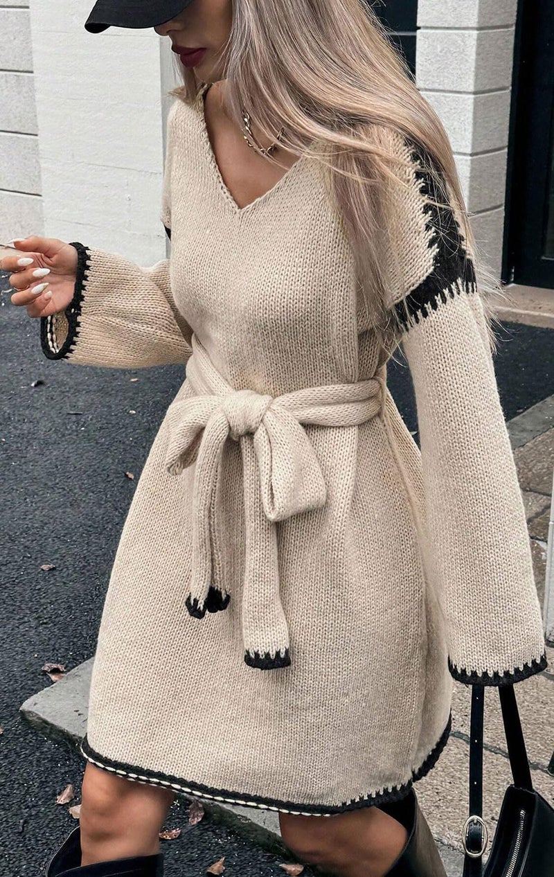 CHARTOU Causal Loose Straight Fit Sweater Dress for Women Fall 2025 Outfit Contrast Jumper Knit Sweater with Belt (Large, Apricot) - Image 4