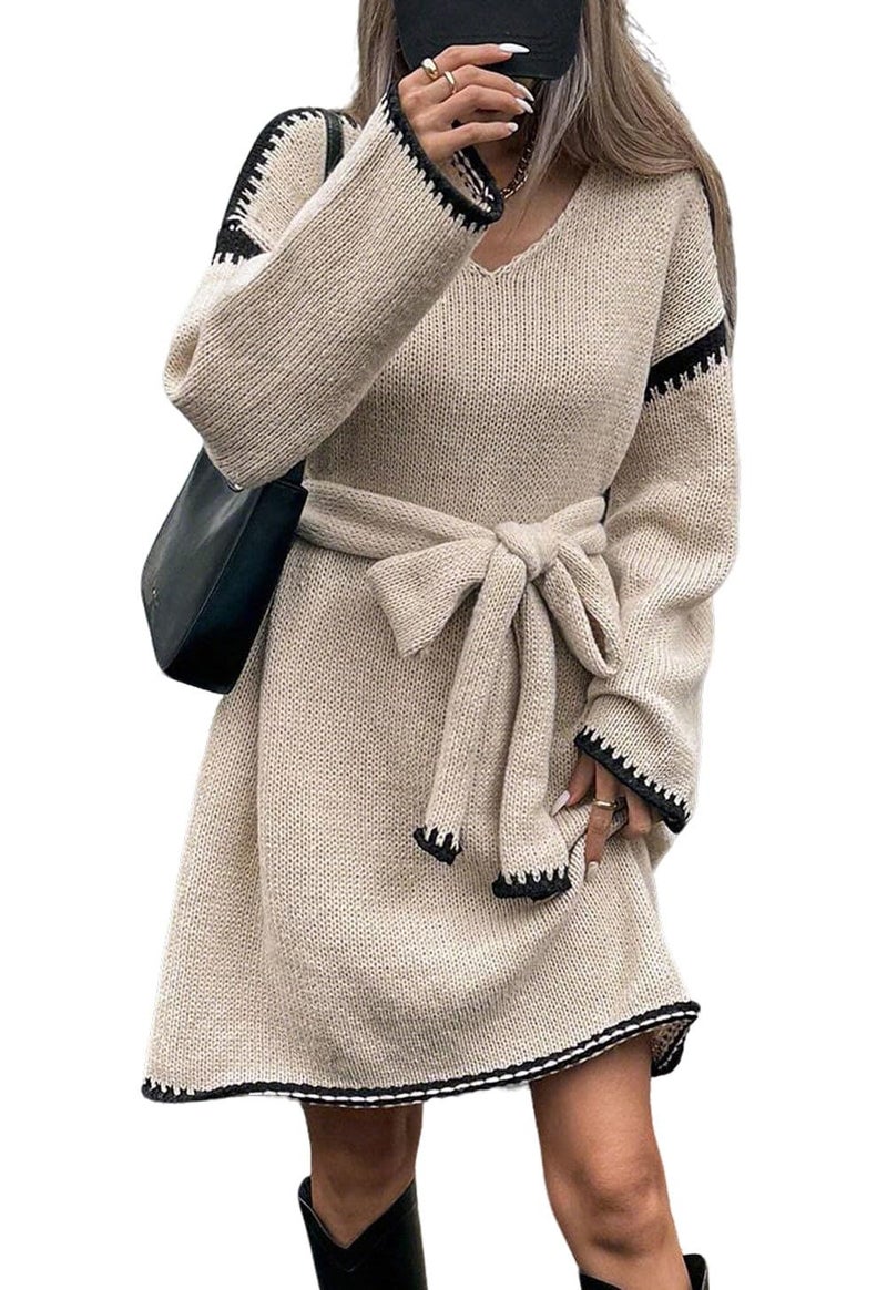 CHARTOU Causal Loose Straight Fit Sweater Dress for Women Fall 2025 Outfit Contrast Jumper Knit Sweater with Belt (Large, Apricot) - Image 1
