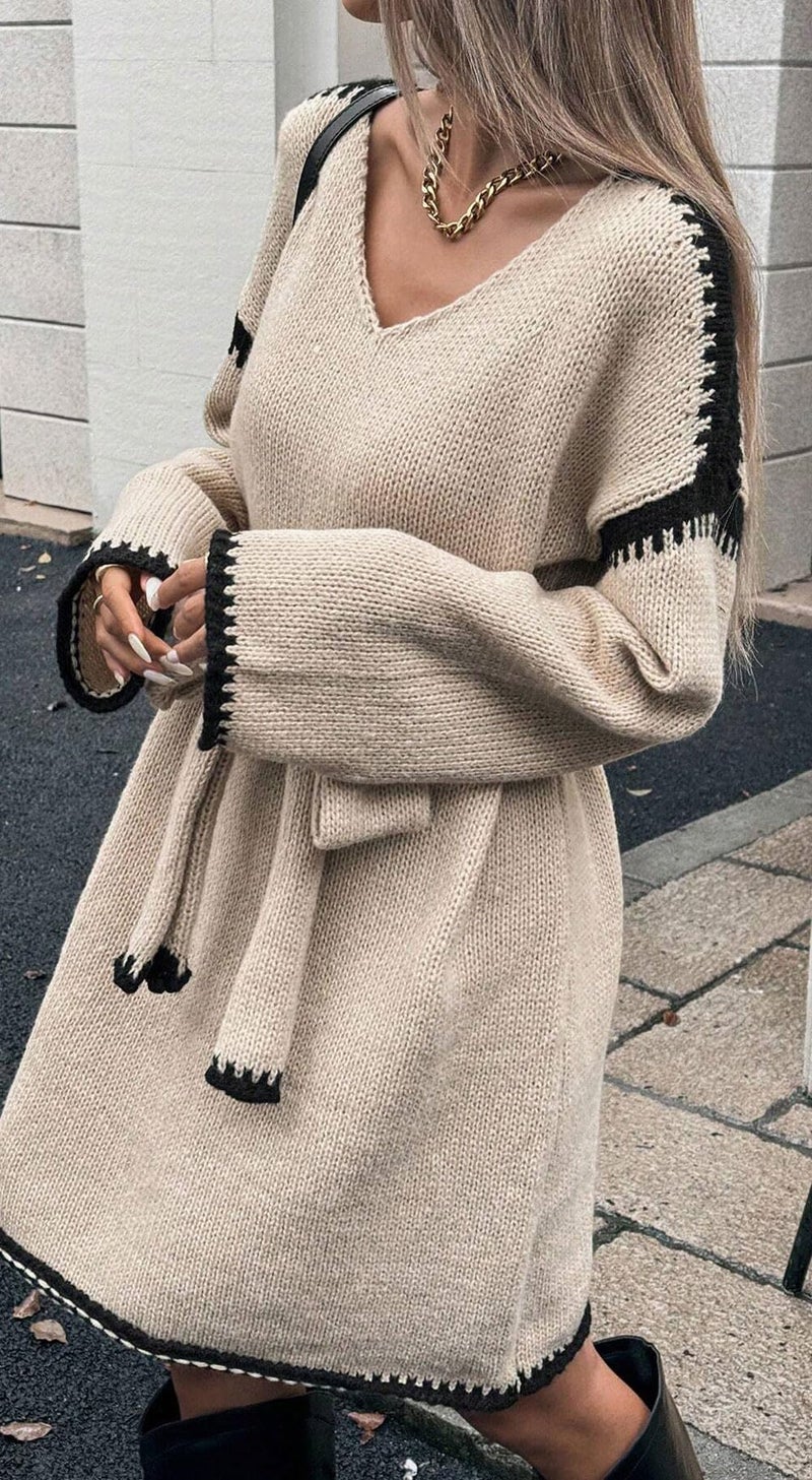 CHARTOU Causal Loose Straight Fit Sweater Dress for Women Fall 2025 Outfit Contrast Jumper Knit Sweater with Belt (Large, Apricot) - Image 5