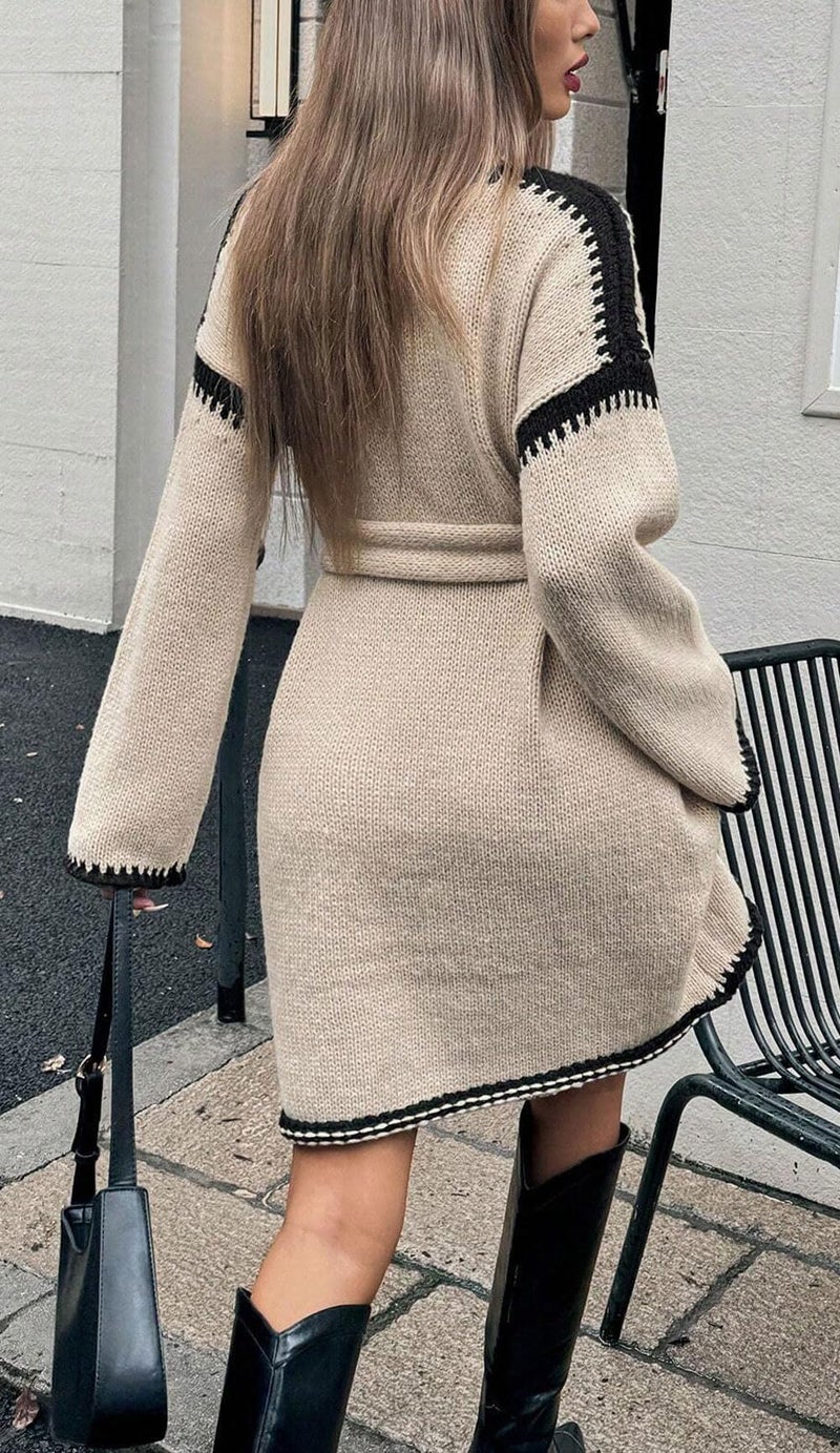 CHARTOU Causal Loose Straight Fit Sweater Dress for Women Fall 2025 Outfit Contrast Jumper Knit Sweater with Belt (Large, Apricot) - Image 3
