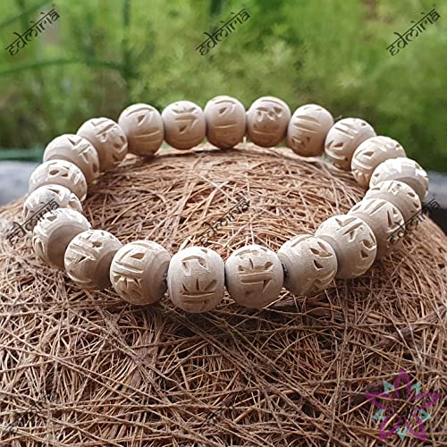 EDMIRIA Holy White Tulsi Round Raw Rough Beads Radha Krishna Sita Ram Engraved Yoga Meditation Stretchable Bracelet for Men & Women (Round Radha Engraved Bead) - Image 3