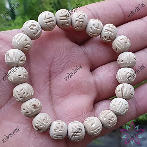 EDMIRIA Holy White Tulsi Round Raw Rough Beads Radha Krishna Sita Ram Engraved Yoga Meditation Stretchable Bracelet for Men & Women (Round Radha Engraved Bead) - Image 5
