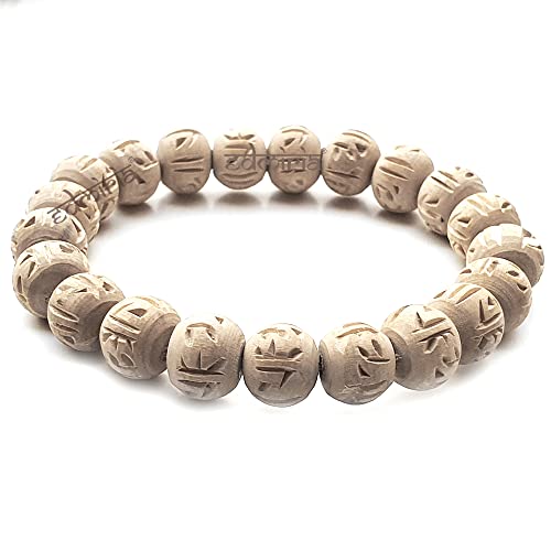 EDMIRIA Holy White Tulsi Round Raw Rough Beads Radha Krishna Sita Ram Engraved Yoga Meditation Stretchable Bracelet for Men & Women (Round Radha Engraved Bead) - Image 1