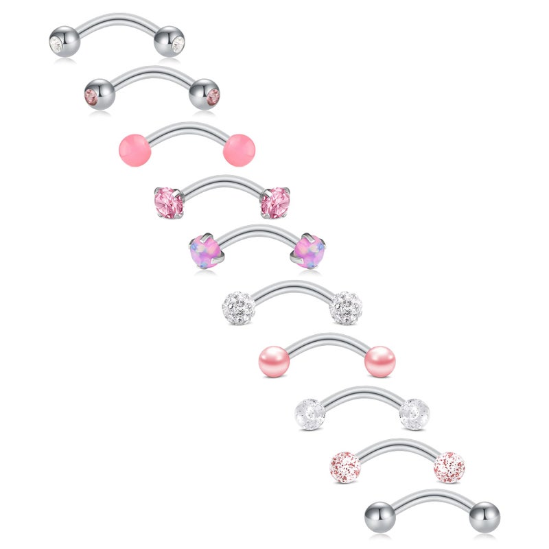FECTAS 10PCS Eyebrow Rook Piercing Jewelry 16G Earrings Vertical Labret Lip Jewelry Curved Barbell Eyebrow Rings Tiny Small Belly Rings Ear Rook Helix Conch Daith Piercing Jewelry Pink Silver - Image 1