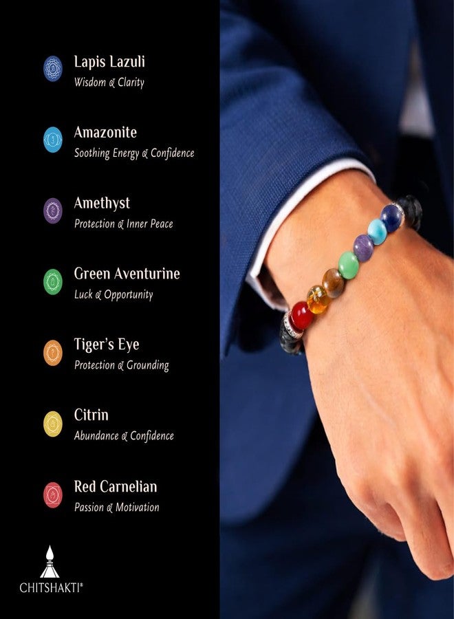 Chitshakti 7 Chakra Lava Bracelet Original Certified | 8mm for Men & Women | Natural Lava Stone & Seven Chakra Crystal Bracelet | Energy Balancing Meditation | Adjustable Healing Crystal - Image 4