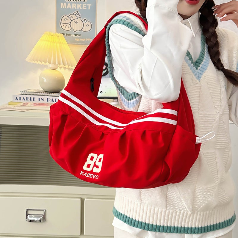 2026 New Style Underarm Casual Striped Pleated Large-Capacity Canvas Women'S Commuter Tote Shoulder Bag With Cloud Embroidery - Image 1