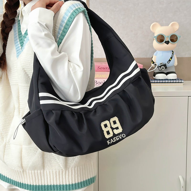 2026 New Style Underarm Casual Striped Pleated Large-Capacity Canvas Women'S Commuter Tote Shoulder Bag With Cloud Embroidery - Image 3