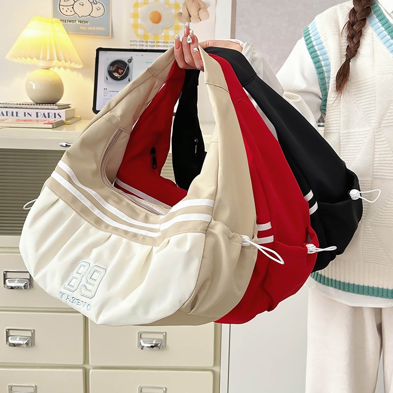 2026 New Style Underarm Casual Striped Pleated Large-Capacity Canvas Women'S Commuter Tote Shoulder Bag With Cloud Embroidery - Image 4