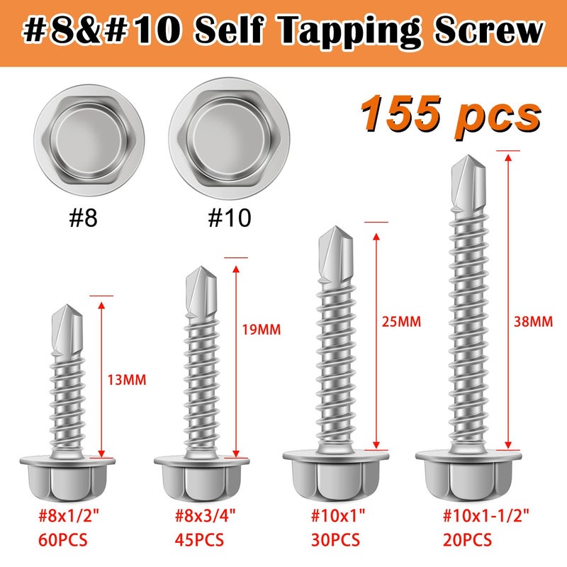 weideer 155pcs #8#10Self Tapping Screws Sheet Metal Screws 410 Stainless Steel Hex Washer Head Self Drilling Screws Quick Tapping Screw #8 1/2" 3/4" #10 1" 1-1/2" K-165 - Image 2