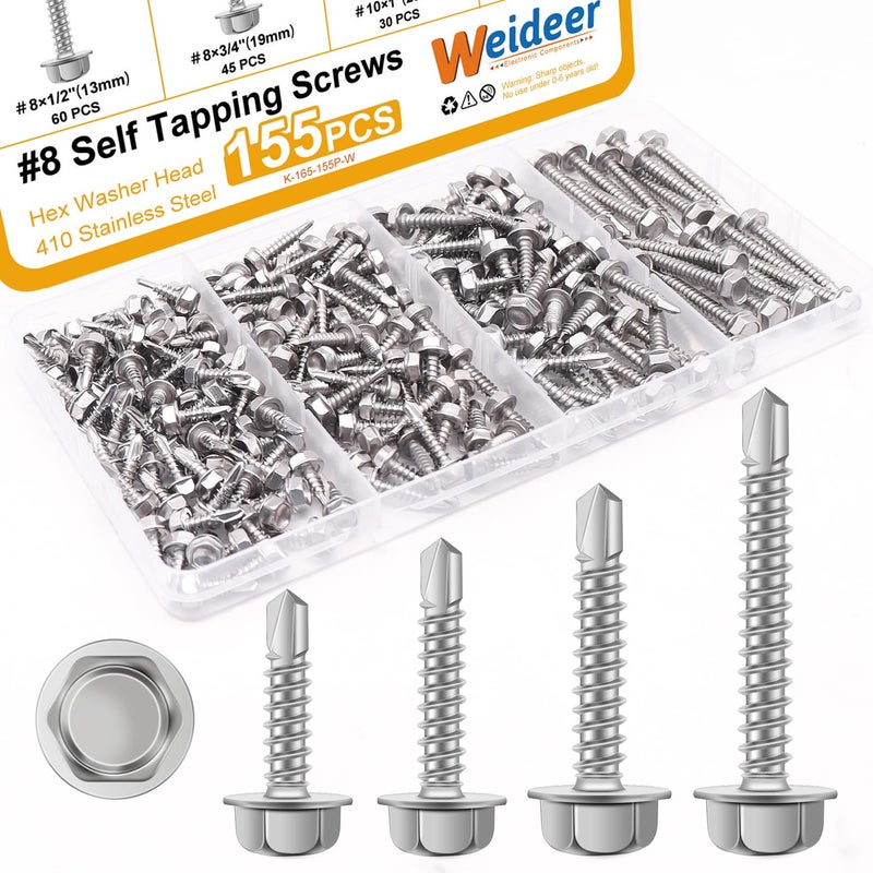 weideer 155pcs #8#10Self Tapping Screws Sheet Metal Screws 410 Stainless Steel Hex Washer Head Self Drilling Screws Quick Tapping Screw #8 1/2" 3/4" #10 1" 1-1/2" K-165 - Image 1
