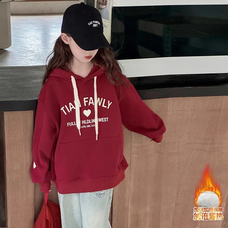 Girls' Fleece-Lined Hooded Sweater New Girls' Fashionable Children'S Top - Image 1