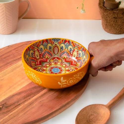 Femora Ceramic Snack Bowl with Handle | Serving Bowl with Handle | Microwave & Dishwasher Safe Big Bowls Perfect for Snacks, Noodles, Salads, Soup, Baking-Mandana Print - Image 5