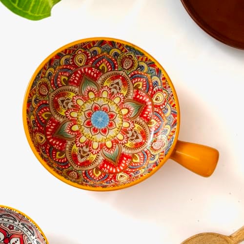 Femora Ceramic Snack Bowl with Handle | Serving Bowl with Handle | Microwave & Dishwasher Safe Big Bowls Perfect for Snacks, Noodles, Salads, Soup, Baking-Mandana Print - Image 1
