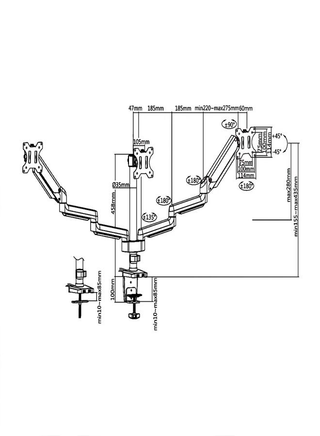 Skill Tech SH26 C036UP Premium Triple Monitor Aluminum Pole-Mounted Gas Spring Arm with USB Ports for 17"-32" Screens, VESA 100x100, 8kg Load Capacity per Screen – Black - Image 3