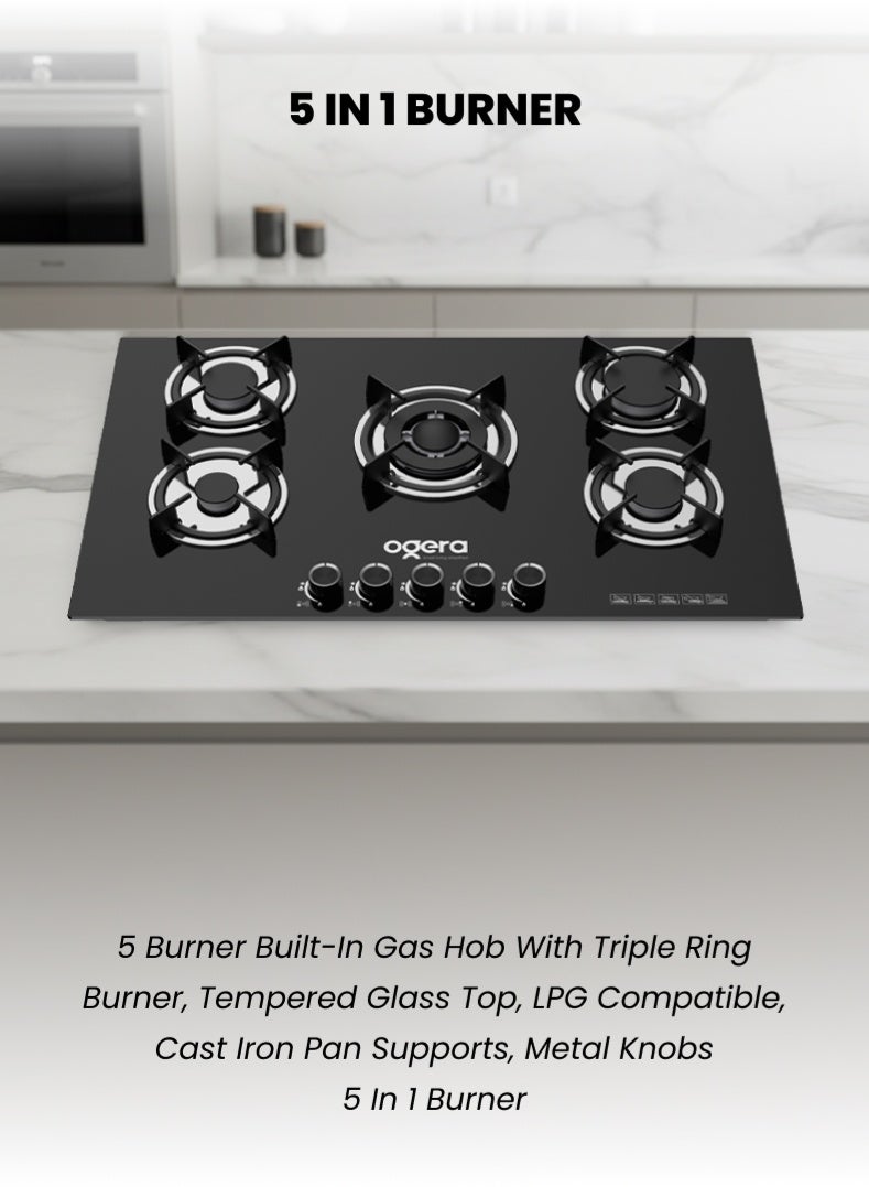 أوجيرا موقد غاز مدمج 5 في 1 مع شعلة حلقة ثلاثية، سطح زجاج مقوّى، متوافق مع غاز LPG، دعامات أواني من الحديد الزهر، مقابض معدنية | ضمان لمدة سنتين - Image 1