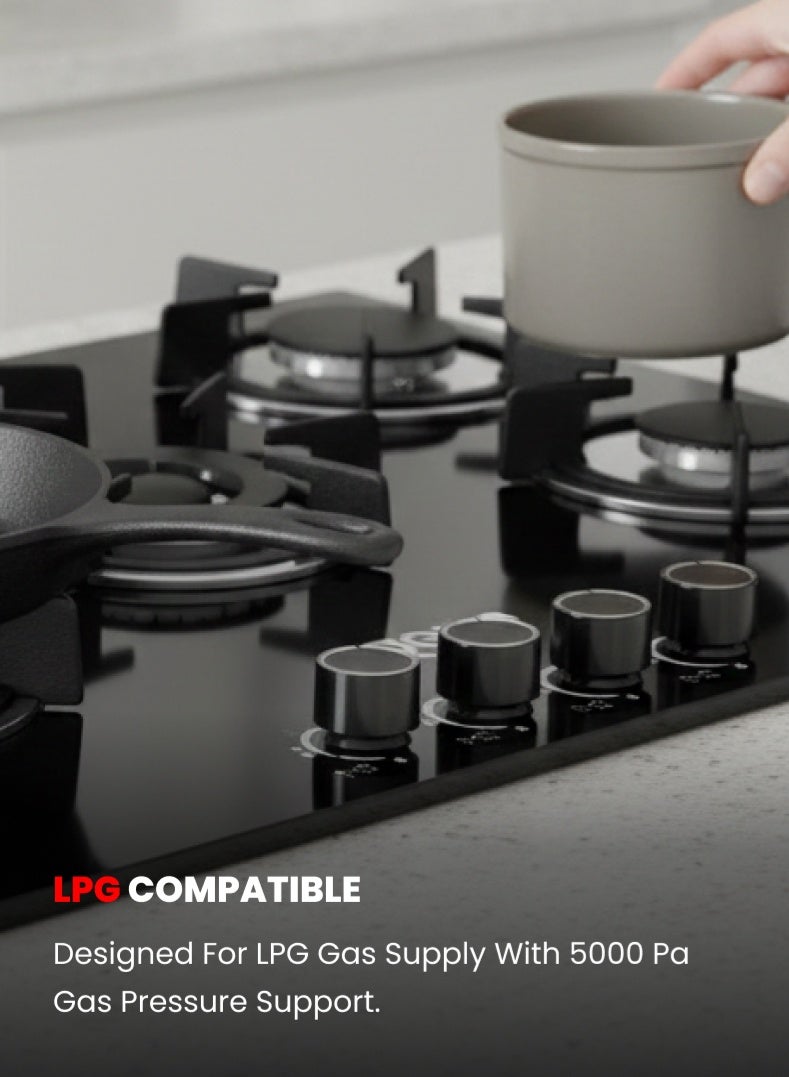 أوجيرا موقد غاز مدمج 5 في 1 مع شعلة حلقة ثلاثية، سطح زجاج مقوّى، متوافق مع غاز LPG، دعامات أواني من الحديد الزهر، مقابض معدنية | ضمان لمدة سنتين - Image 5