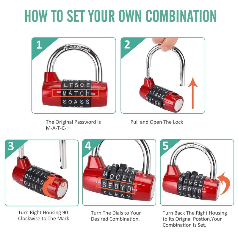 Cluckyu Gym Locker Lock,5 Letter Heavy Duty Alloy Padlock Password Sturdy Security Padlock-Easy to Set Your Own Keyless Resettable Combo-Red - Image 4