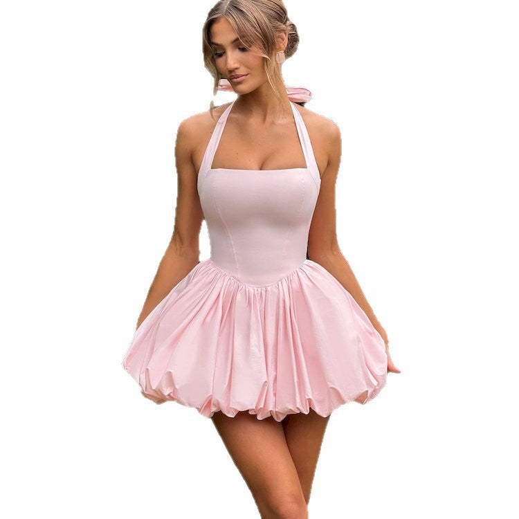 Women's Halter Neck Tie Slim Fit A-Line Fluffy Short Dress - Image 5