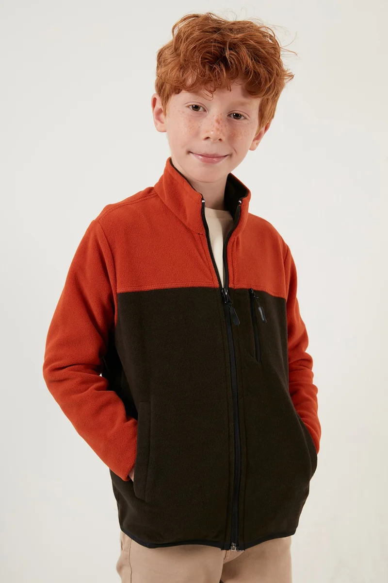 ليلا Soft Textured Zippered Color Block Stand Collar Pocket Fleece Unisex Children's Fleece 5905001