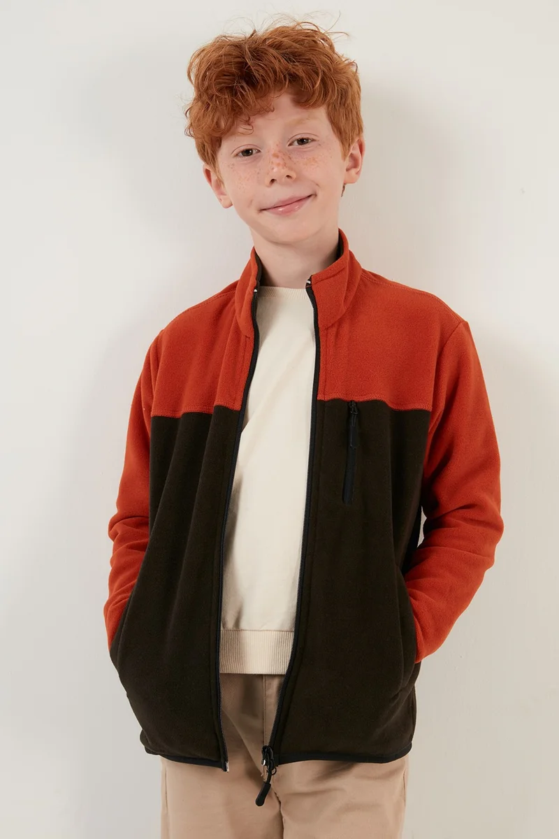 ليلا Soft Textured Zippered Color Block Stand Collar Pocket Fleece Unisex Children's Fleece 5905001