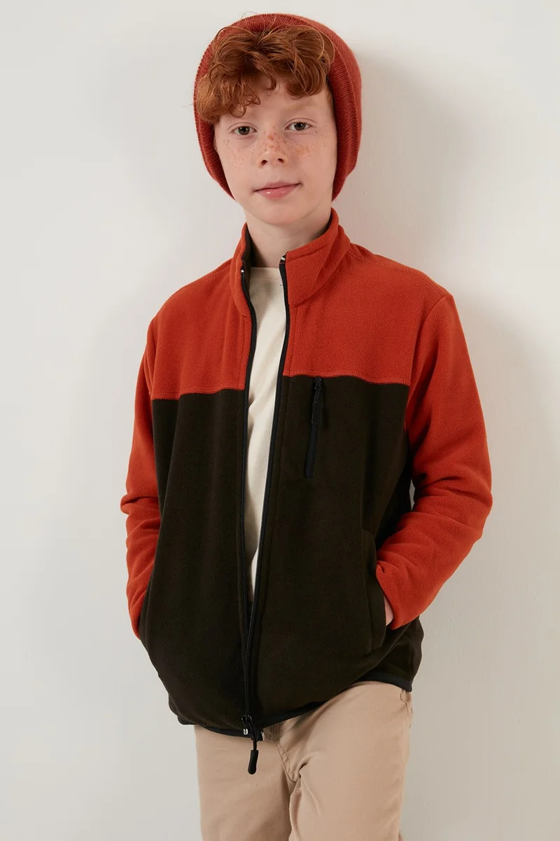 ليلا Soft Textured Zippered Color Block Stand Collar Pocket Fleece Unisex Children's Fleece 5905001