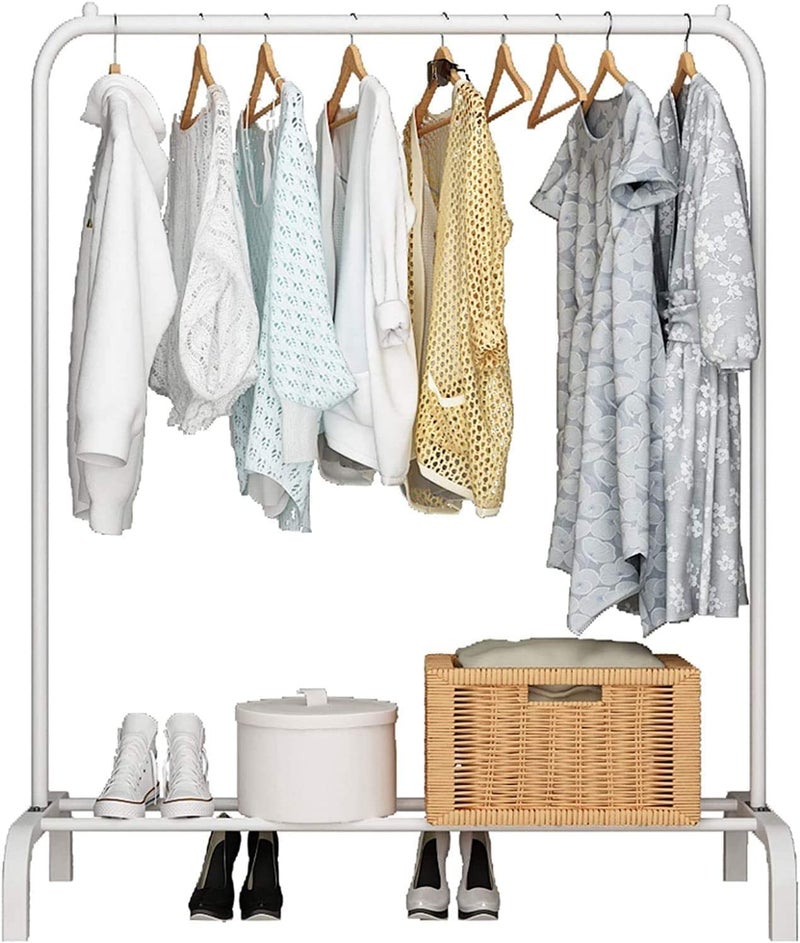 Zemic 1PC Multipurpose Metal Single Garment Rack with Top Rod and Lower Storage Shelf with Hooks Heavy Duty Clothes Coat Stand Closet Organizer (White / 150 x 110 x 40 CM) - Image 3