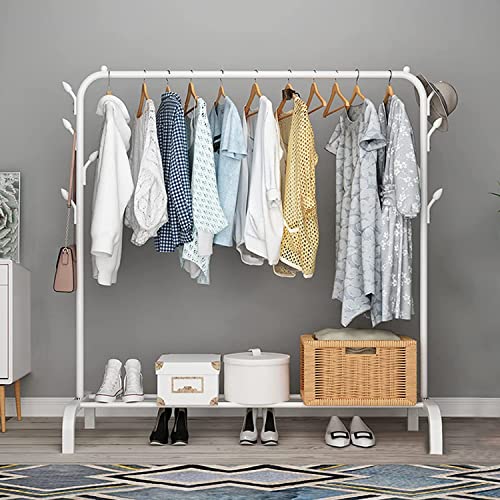 Zemic 1PC Multipurpose Metal Single Garment Rack with Top Rod and Lower Storage Shelf with Hooks Heavy Duty Clothes Coat Stand Closet Organizer (White / 150 x 110 x 40 CM) - Image 1