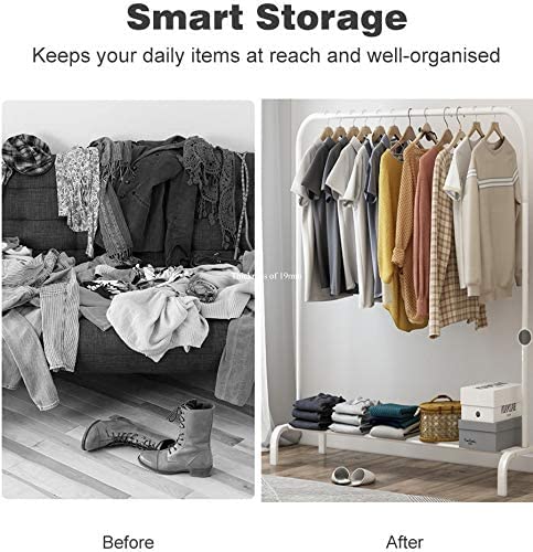 Zemic 1PC Multipurpose Metal Single Garment Rack with Top Rod and Lower Storage Shelf with Hooks Heavy Duty Clothes Coat Stand Closet Organizer (White / 150 x 110 x 40 CM) - Image 4