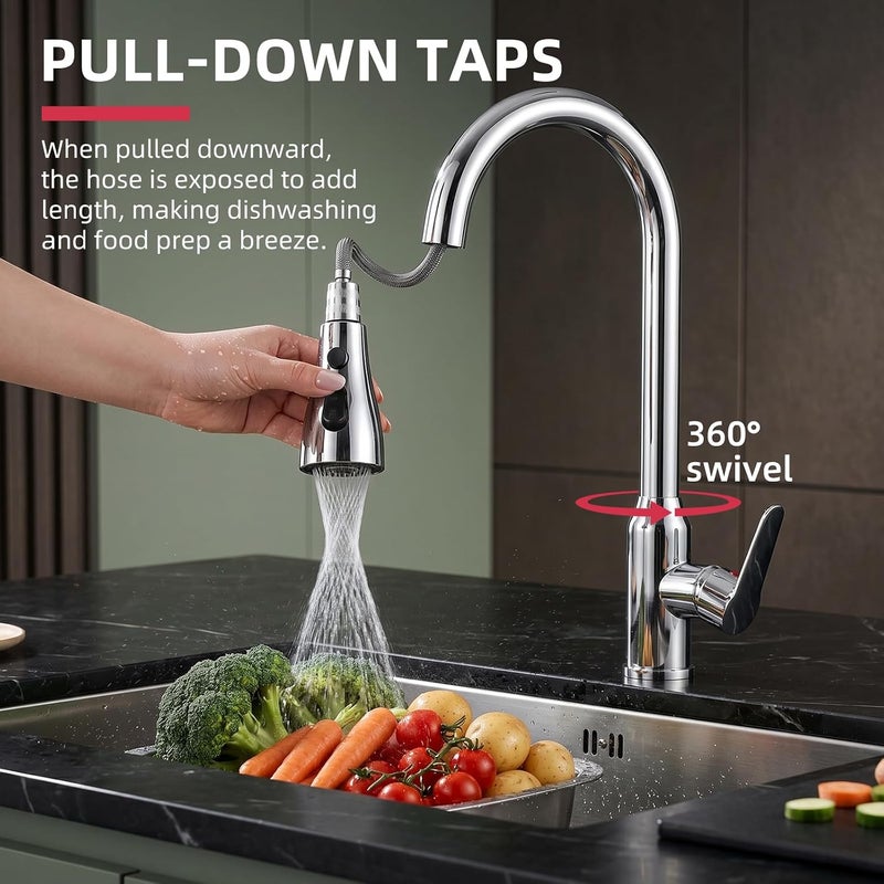 UREVO Kitchen Faucet Tap with Pull Down Sprayer - Stainless Steel Sink Mixer Tap - Image 2