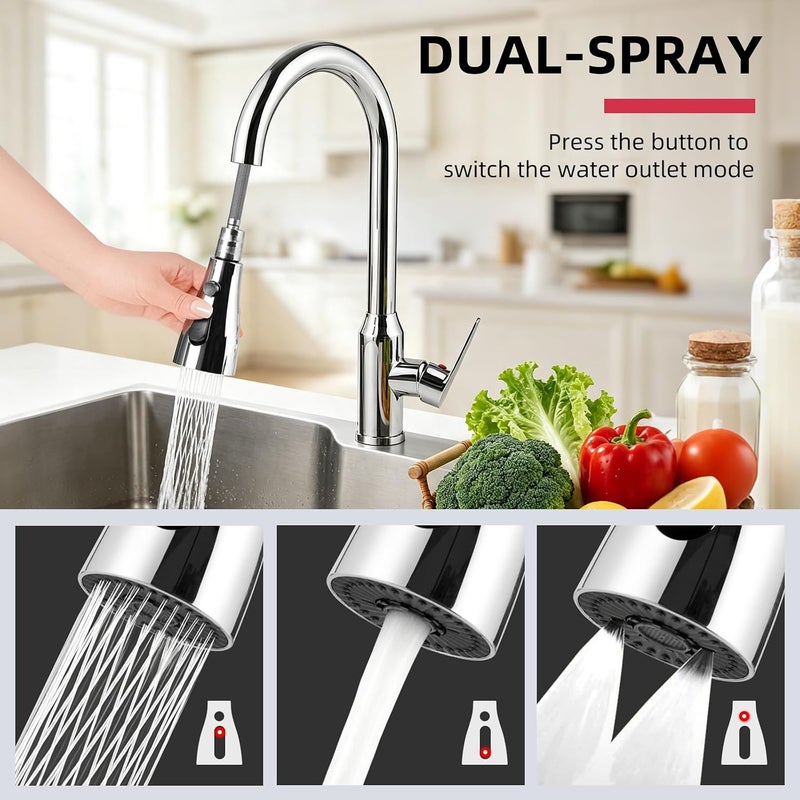 UREVO Kitchen Faucet Tap with Pull Down Sprayer - Stainless Steel Sink Mixer Tap - Image 3