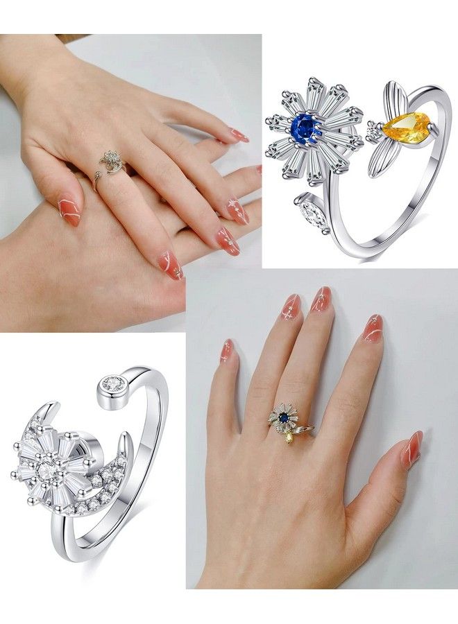 Tornito 6Pcs Fidget Anxiety Spinner Ring Adjustable Open Ring Cubic Zirconia Butterfly Moon Bead Stress Relief Stackable Rings For Women  - Image 4