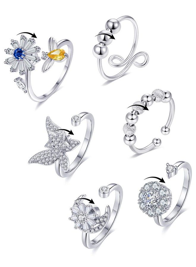 Tornito 6Pcs Fidget Anxiety Spinner Ring Adjustable Open Ring Cubic Zirconia Butterfly Moon Bead Stress Relief Stackable Rings For Women  - Image 2