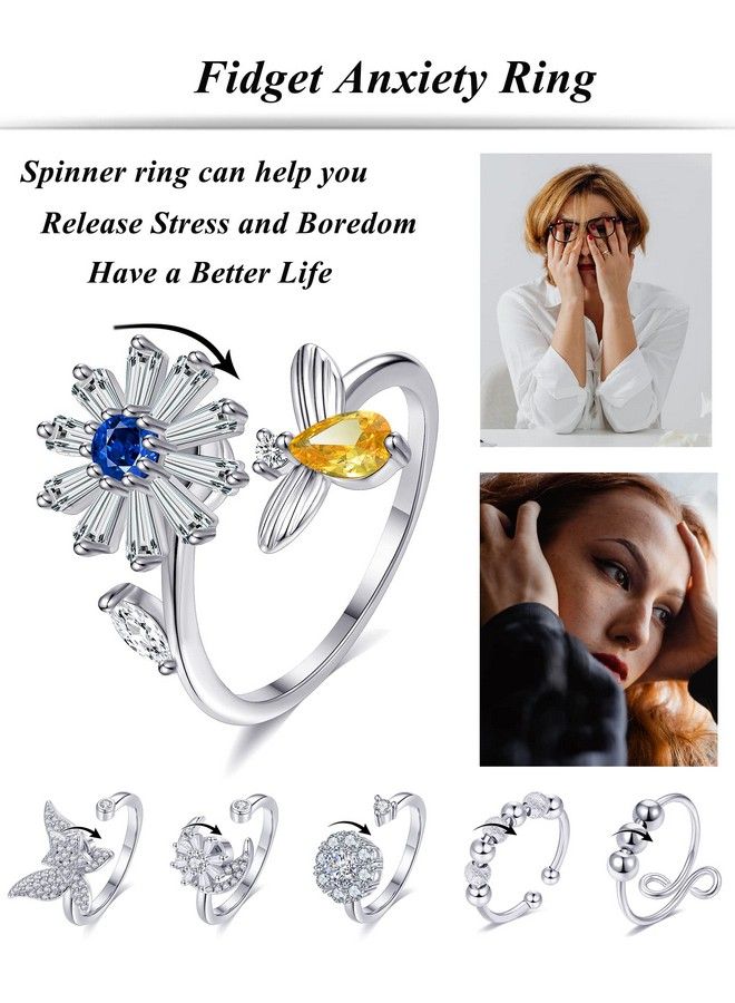Tornito 6Pcs Fidget Anxiety Spinner Ring Adjustable Open Ring Cubic Zirconia Butterfly Moon Bead Stress Relief Stackable Rings For Women  - Image 3